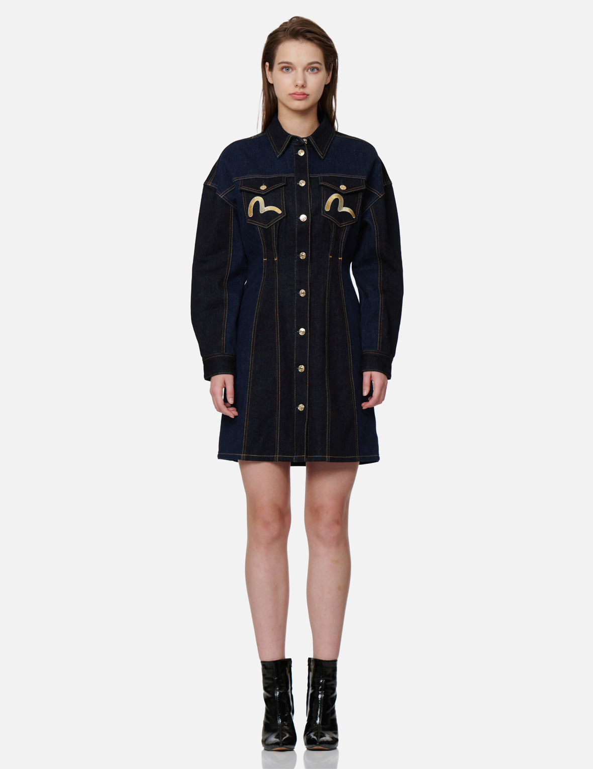 Seagull and Kamon Embroidery Denim Blocking Dress