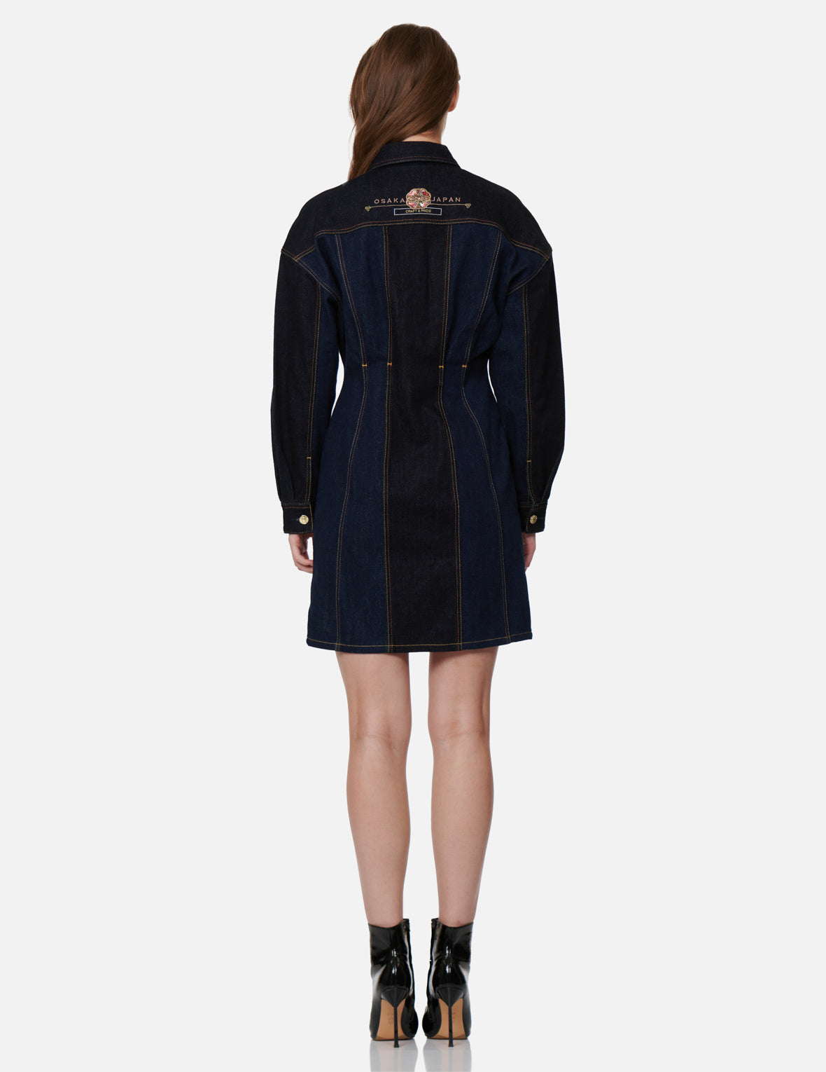 Seagull and Kamon Embroidery Denim Blocking Dress