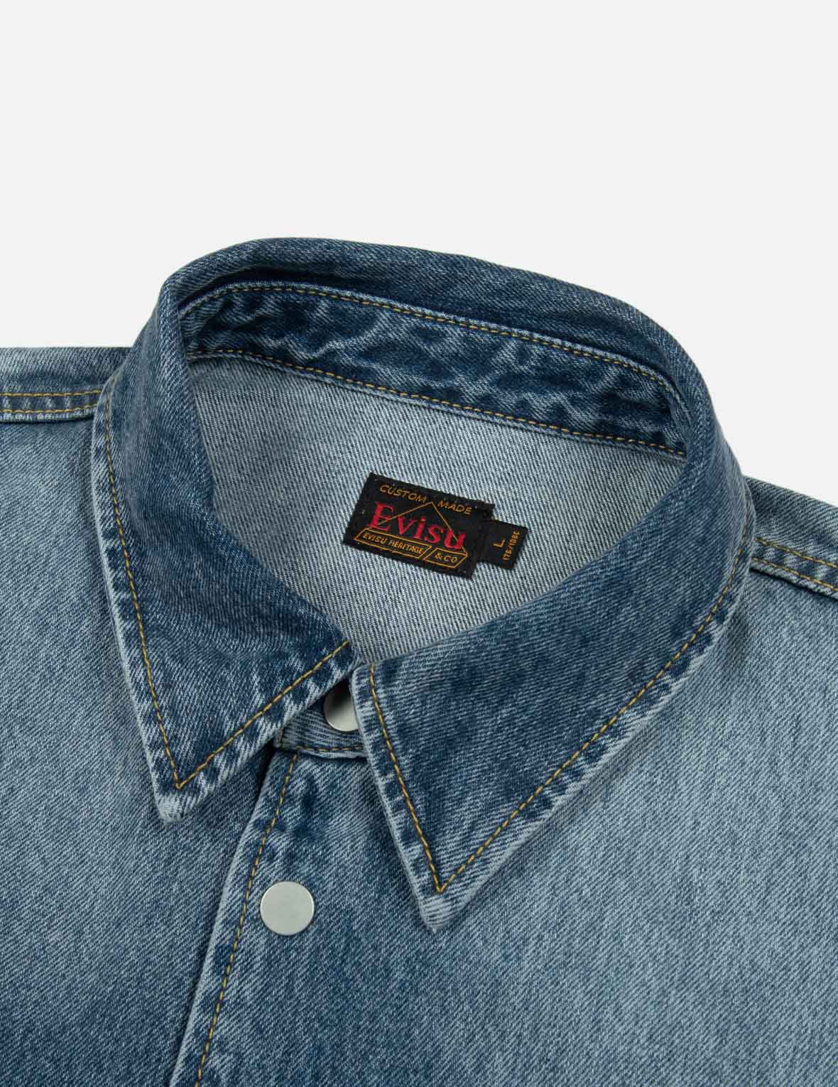 海鸥和商标贴布绣宽松版型牛仔短袖衬衫– EVISU