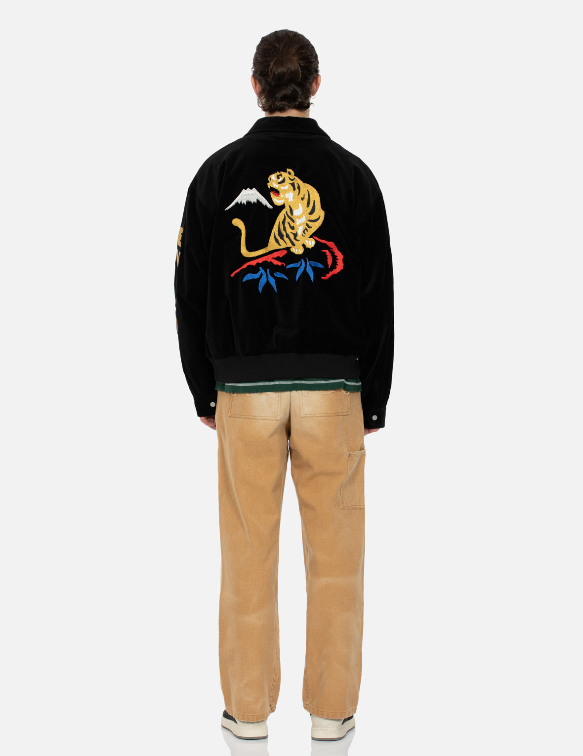 Tiger and Logo Embroidery Oversized Velvet Bomber Jacket