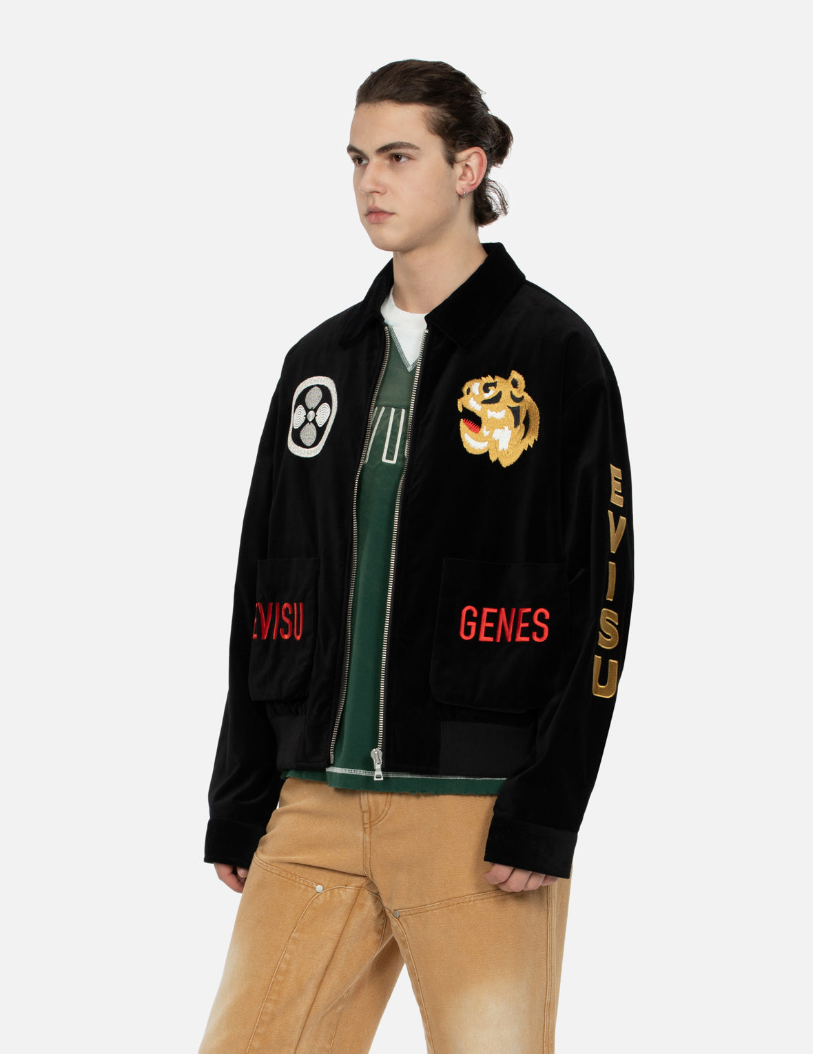 Tiger and Logo Embroidery Oversized Velvet Bomber Jacket