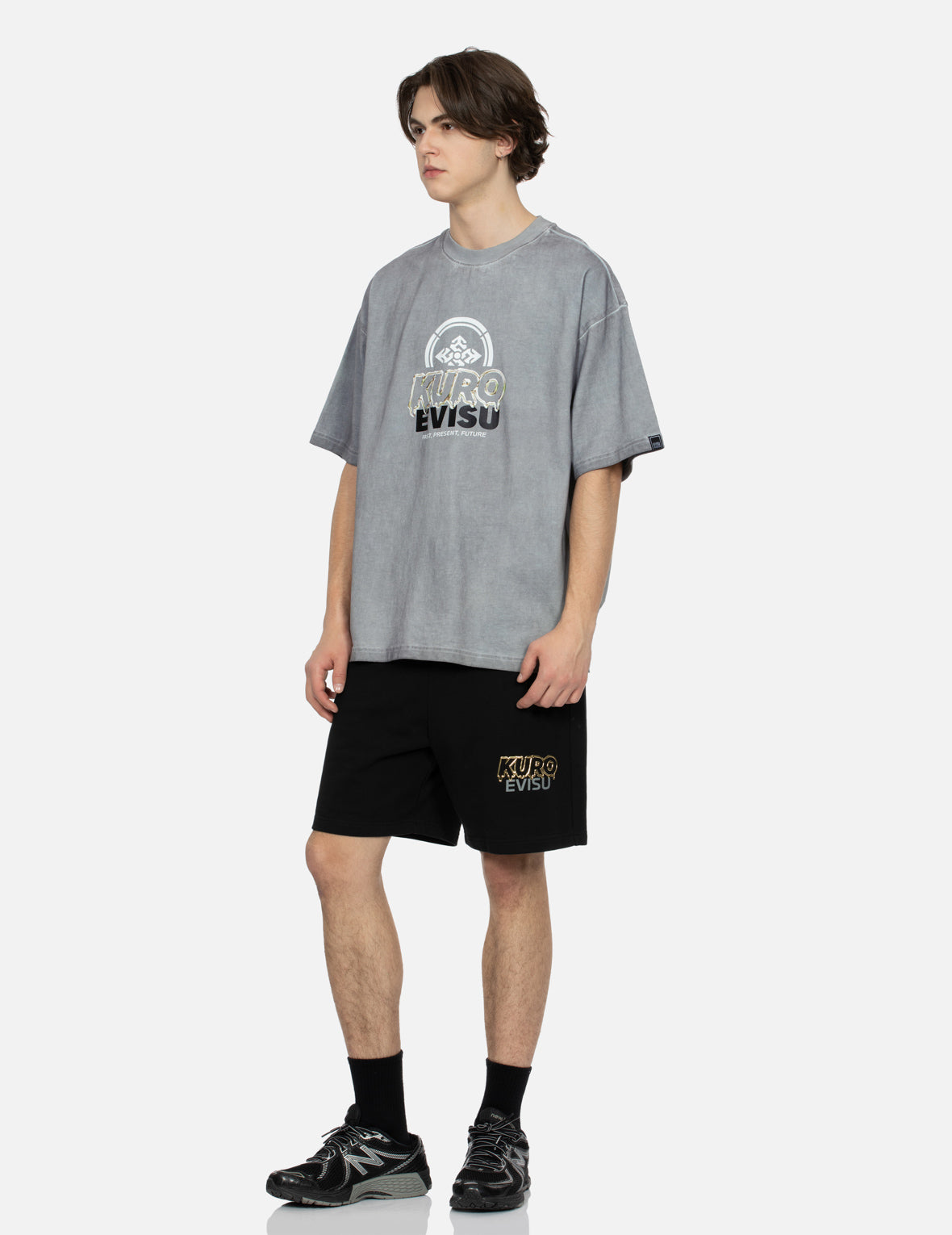 Kamon and Melting Metallic Logo Print Loose Fit T-Shirt