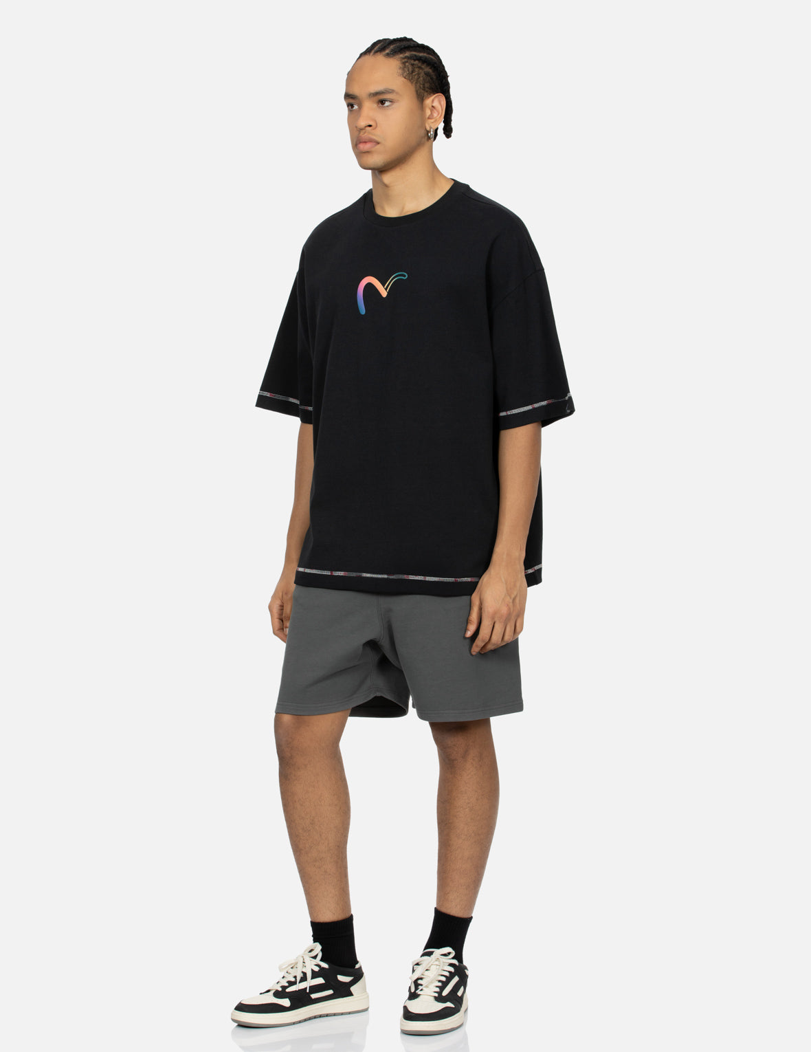 Rainbow Seagull and Logo Print Oversized T-Shirt