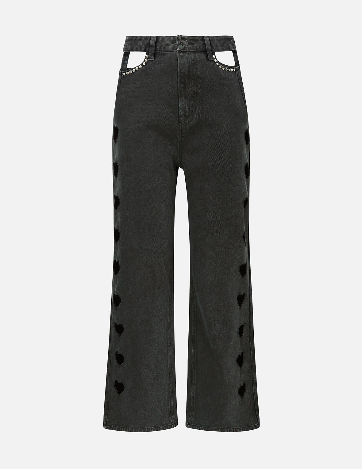 Rhinestone Embellished and Heart Shape Cut-Out Wide Leg Jeans