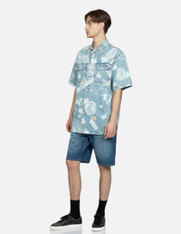 Graffiti Daruma Daicock Print Denim Shorts