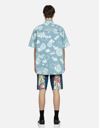 Graffiti Daruma Daicock Print Denim Shorts