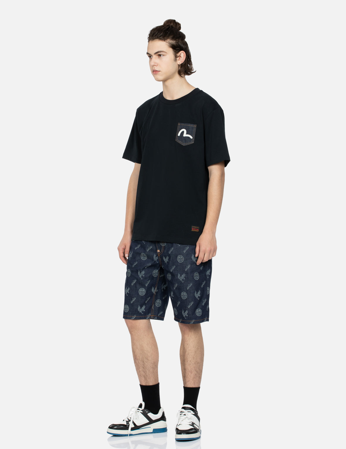 Allover Kamon and Eagle Print Denim Shorts