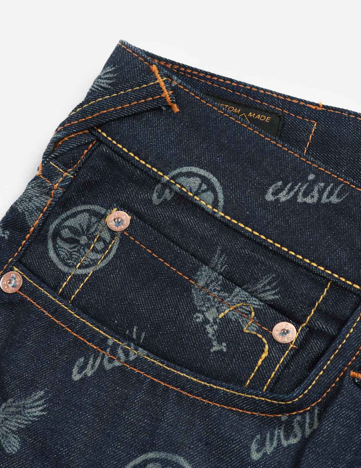 Allover Kamon and Eagle Print Denim Shorts