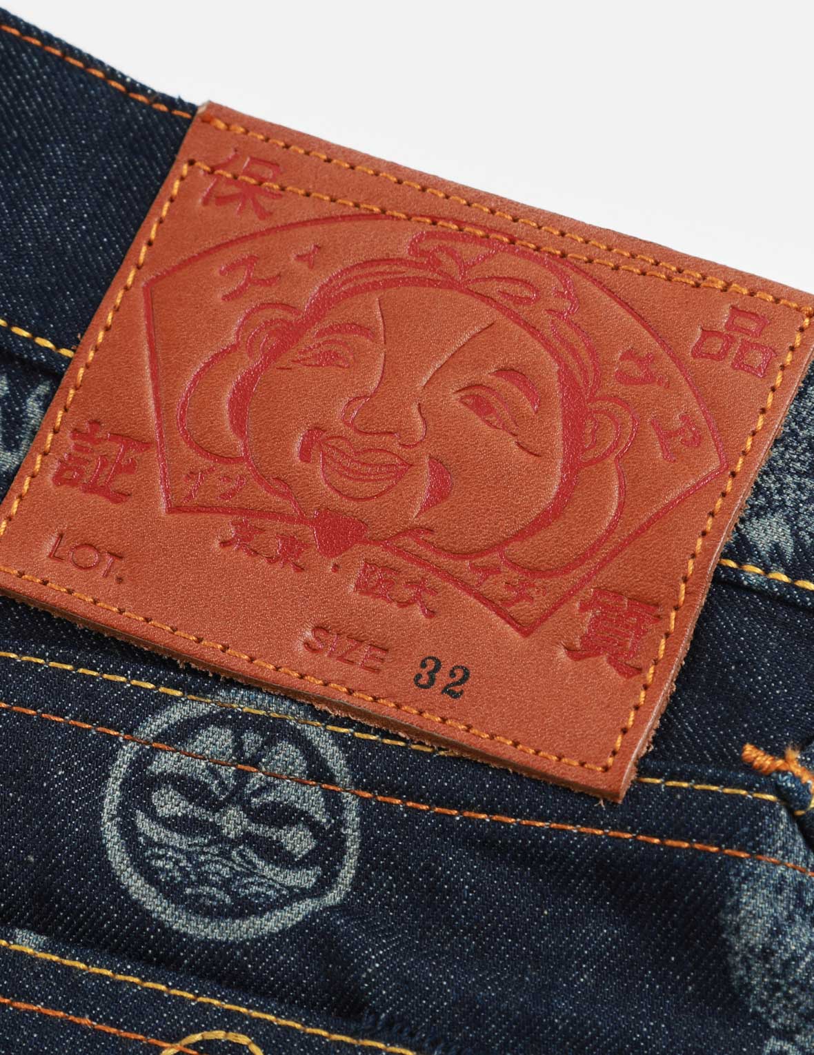 Allover Kamon and Eagle Print Denim Shorts