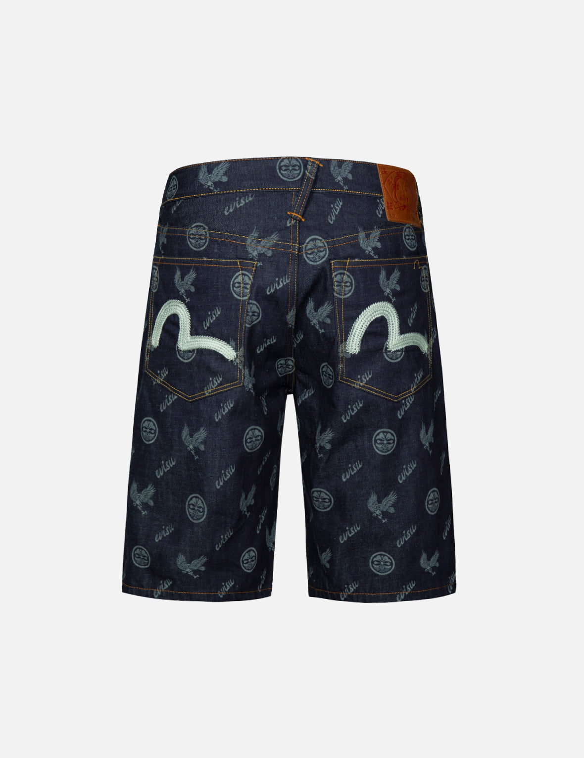 Allover Kamon and Eagle Print Denim Shorts