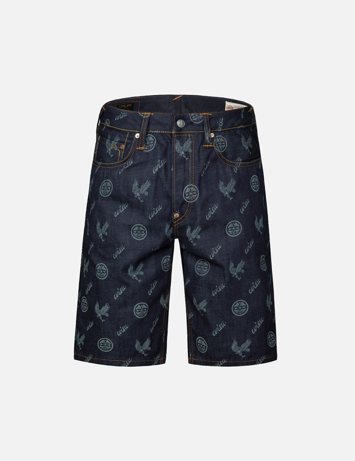 Allover Kamon and Eagle Print Denim Shorts