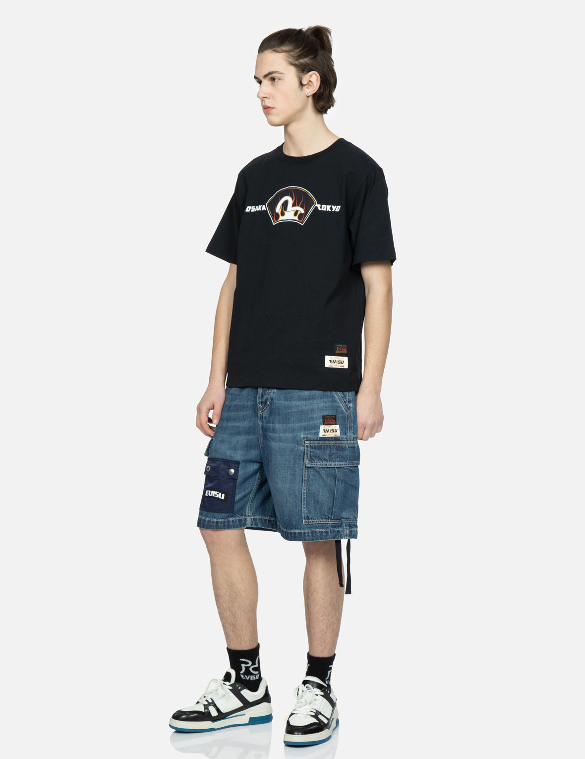 Seagull Print Cargo Denim Shorts