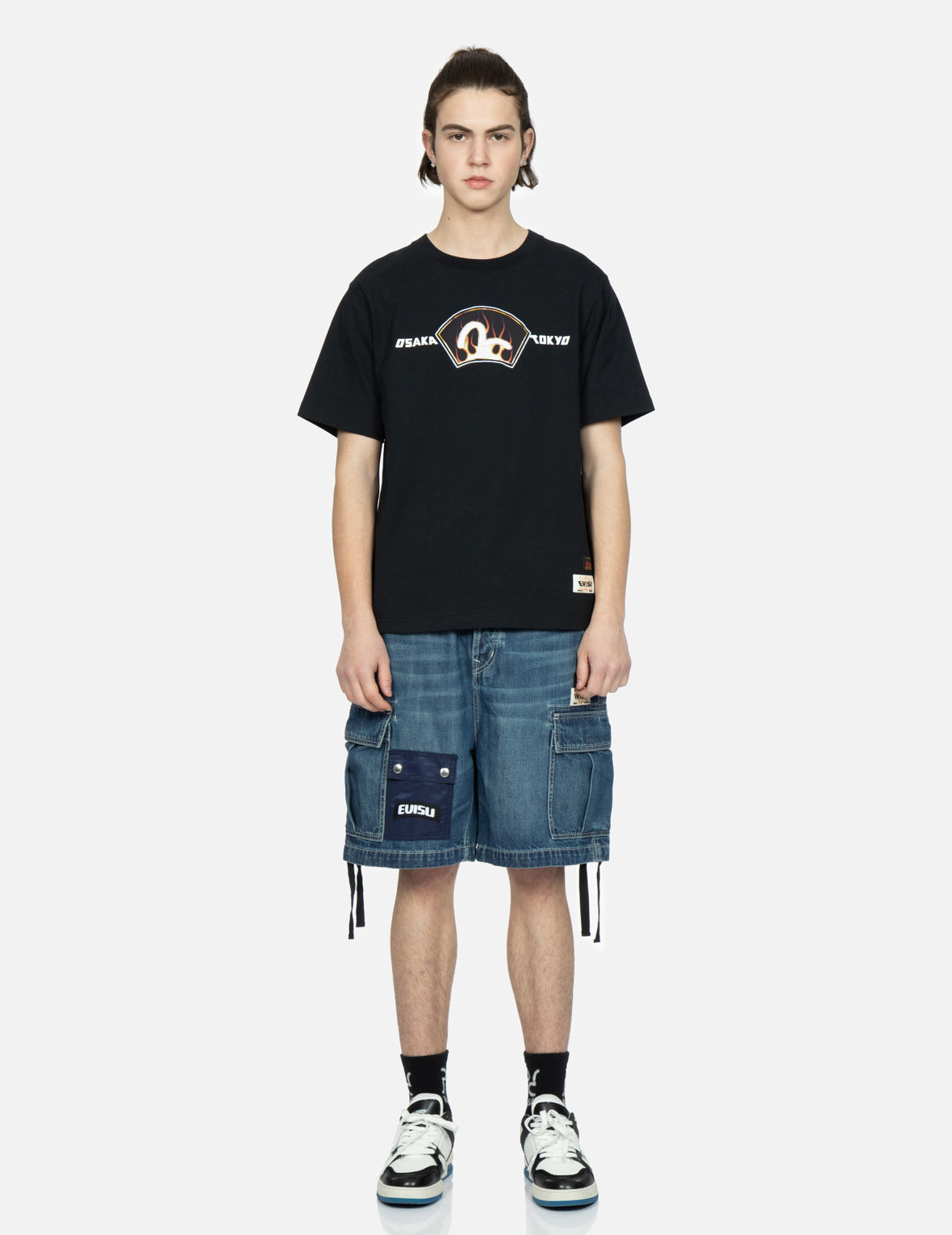 Seagull Print Cargo Denim Shorts
