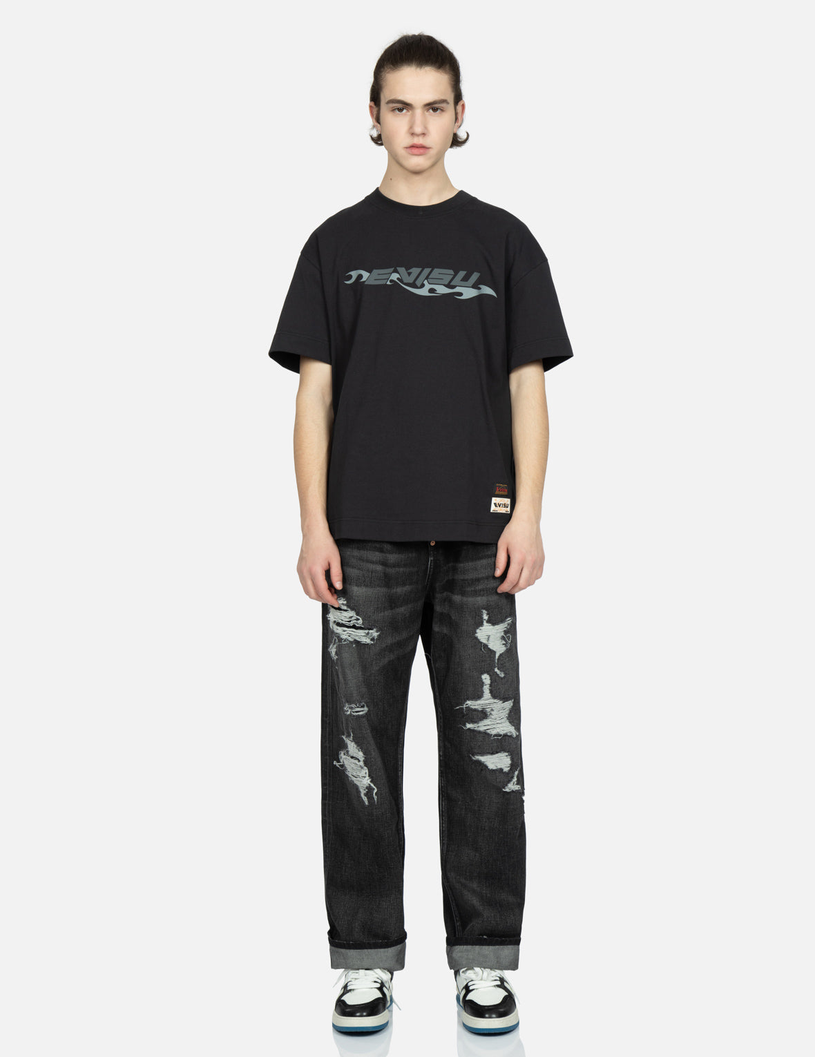 Logo Print Loose-Fit Distressed Denim Jeans