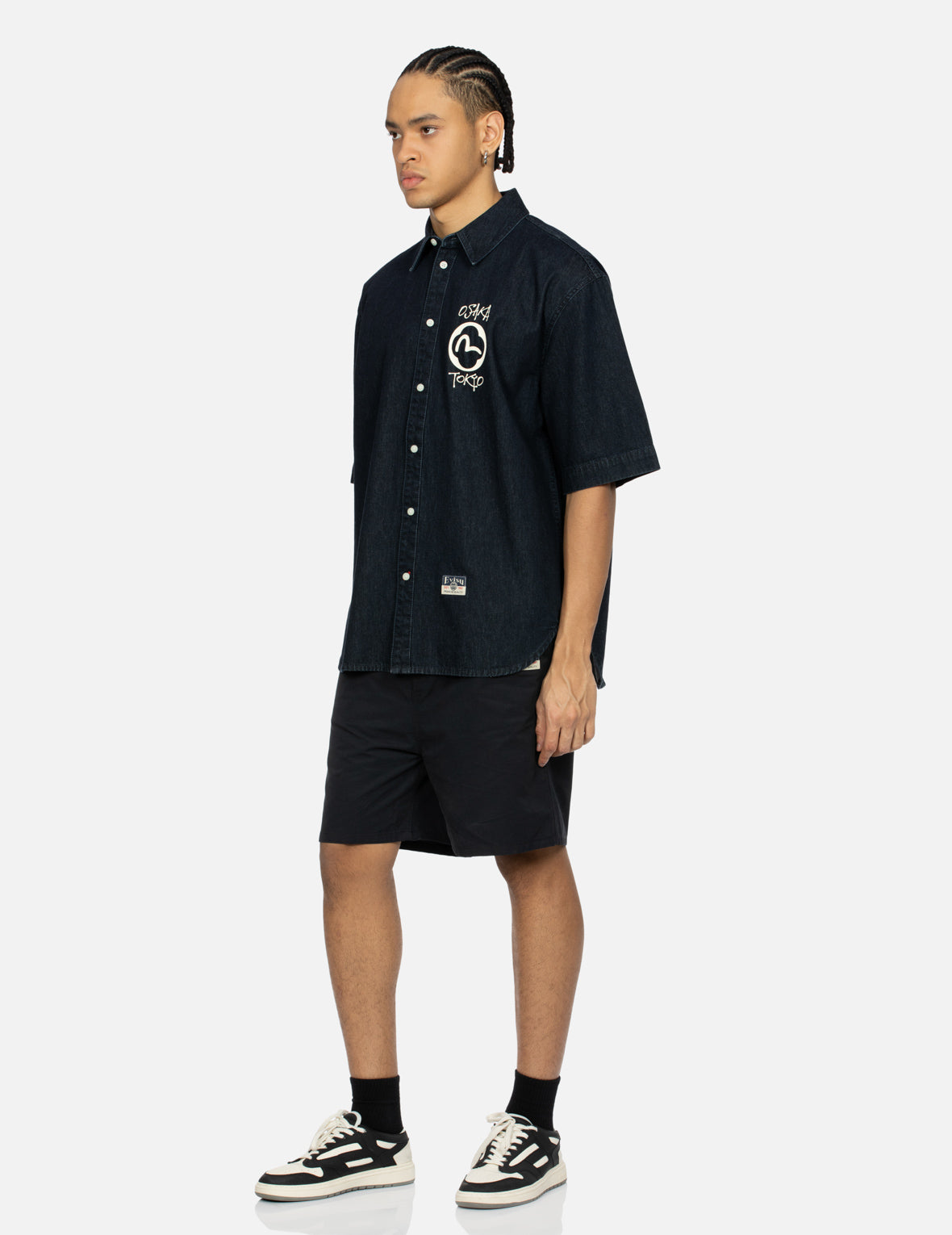 Kamon and Logo Print Oversized Denim Short-Sleeves Shirt