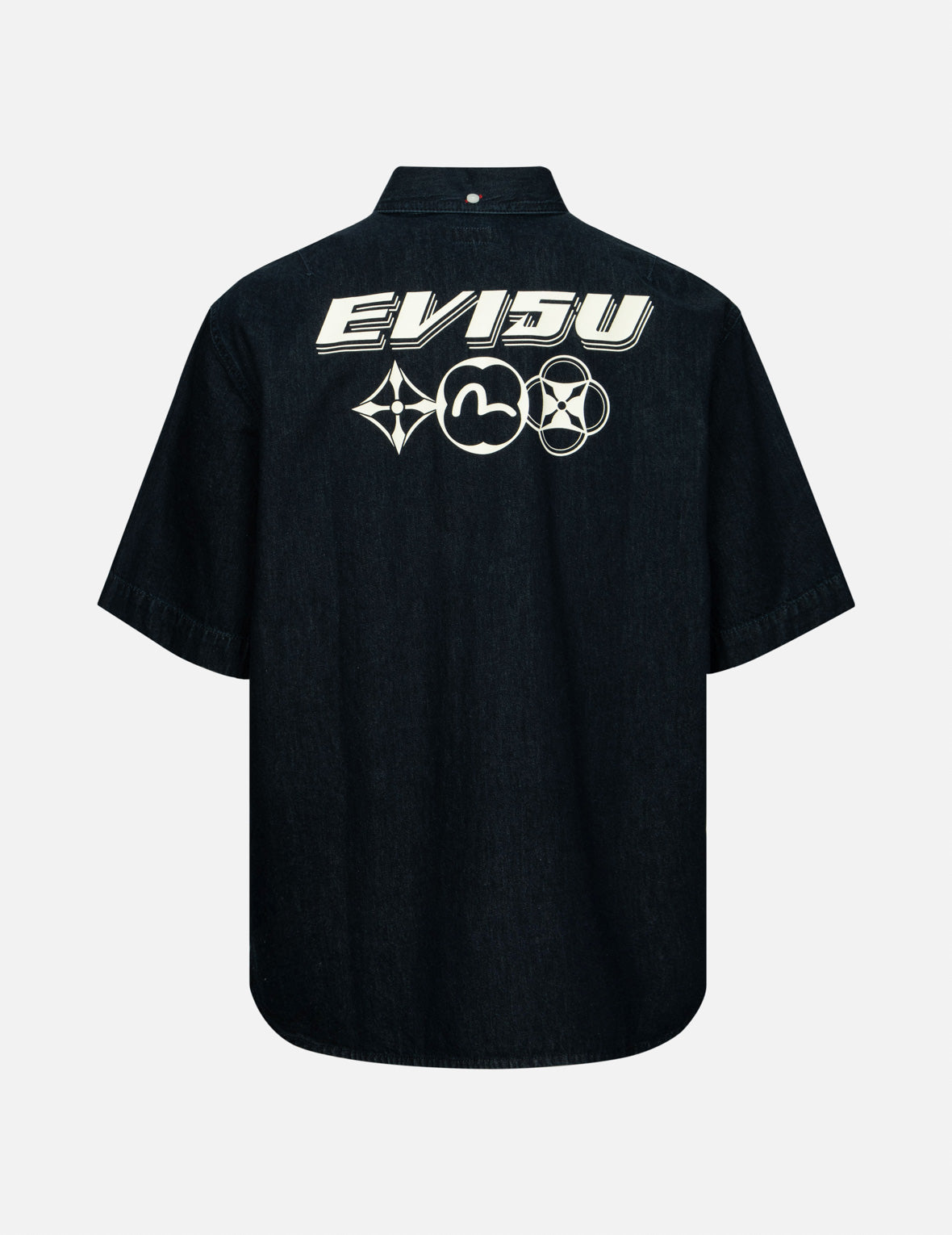 Kamon and Logo Print Oversized Denim Short-Sleeves Shirt
