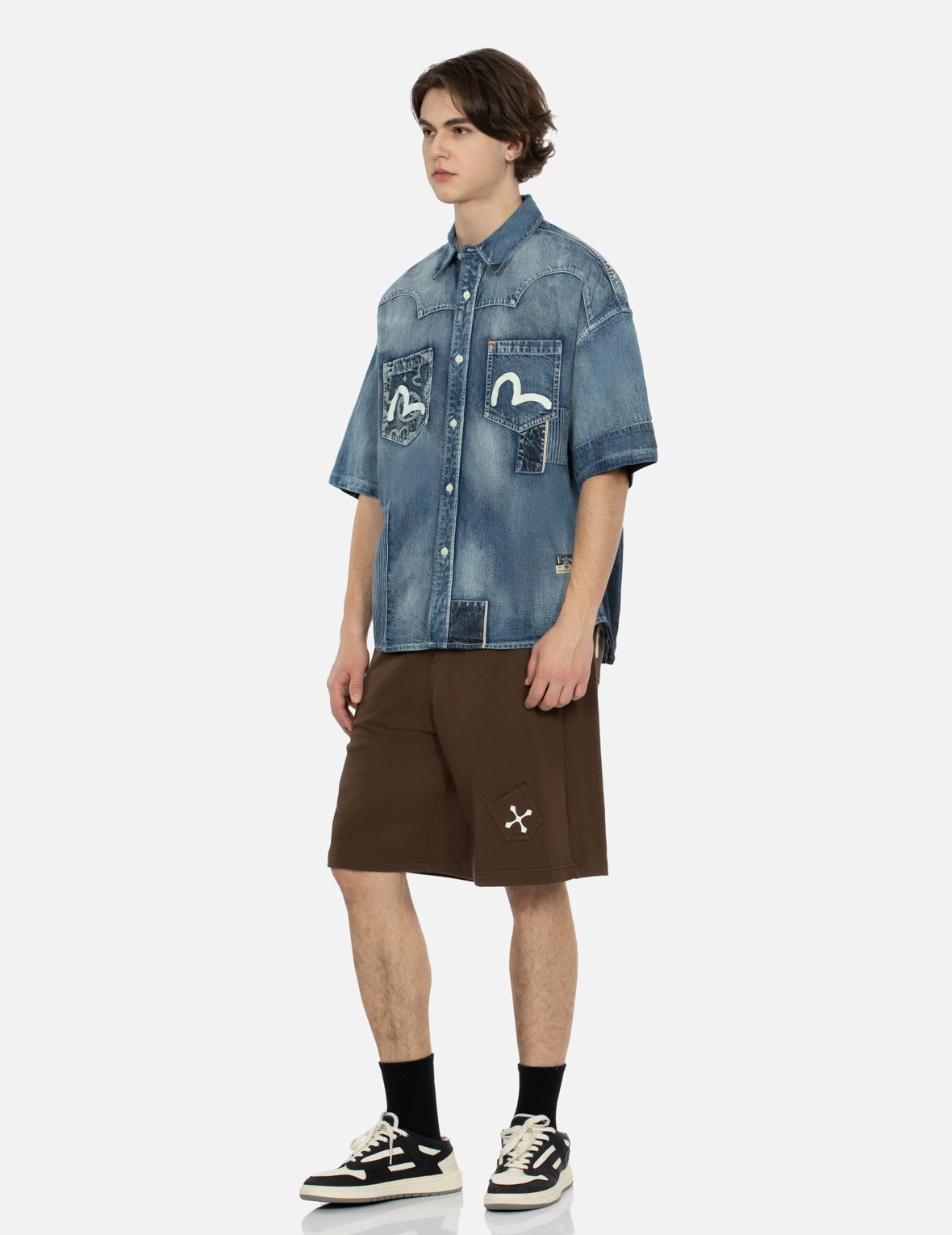Seagull Print and Multi-Patches Loose Fit Denim Shirt