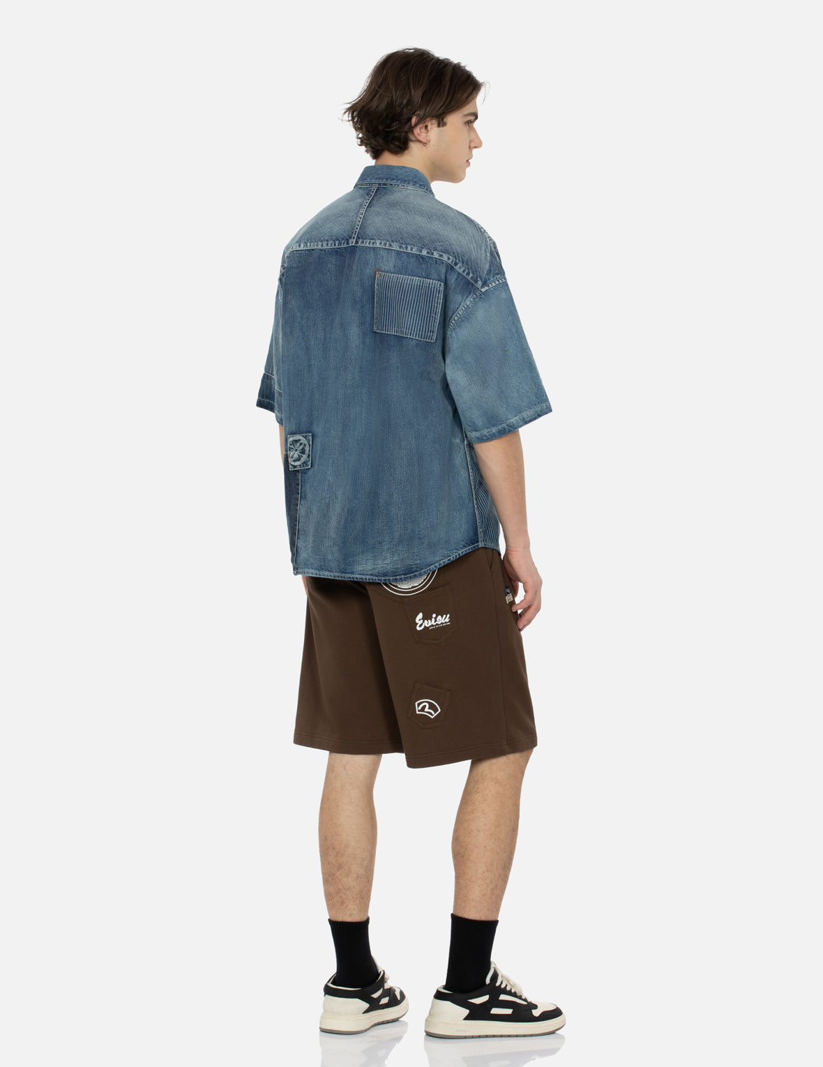 Seagull Print and Multi-Patches Loose Fit Denim Shirt