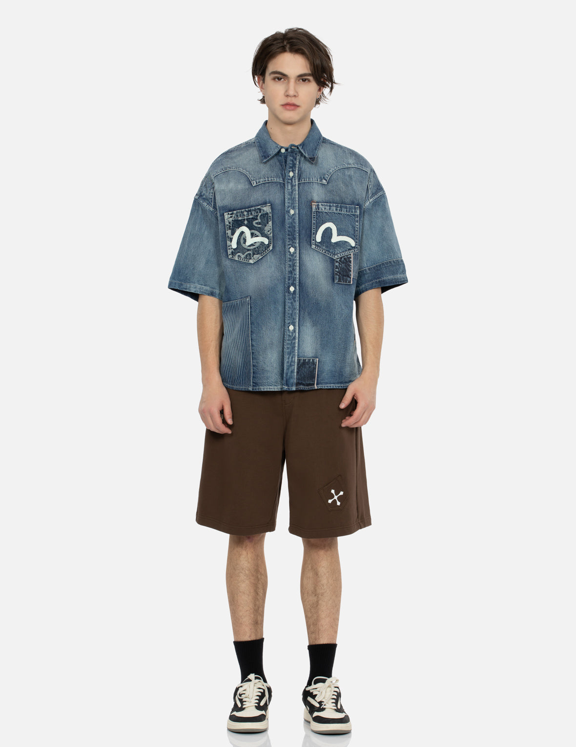 Seagull Print and Multi-Patches Loose Fit Denim Shirt