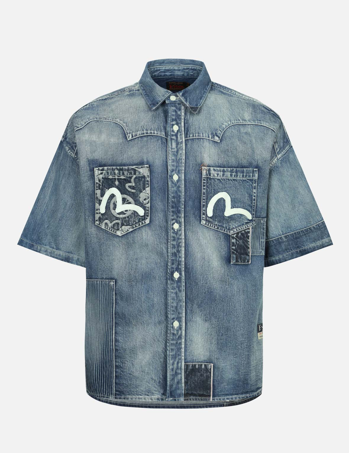 Seagull Print and Multi-Patches Loose Fit Denim Shirt