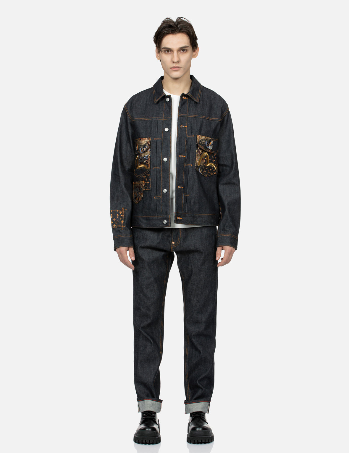 Seagull Embroidery and Brocade Pocket Relax Fit Denim Jacket