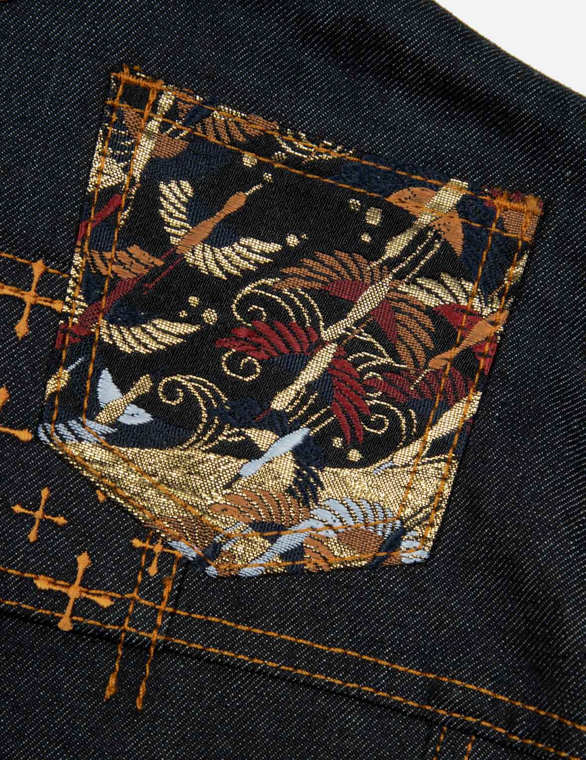 Seagull Embroidery and Brocade Pocket Relax Fit Denim Jacket