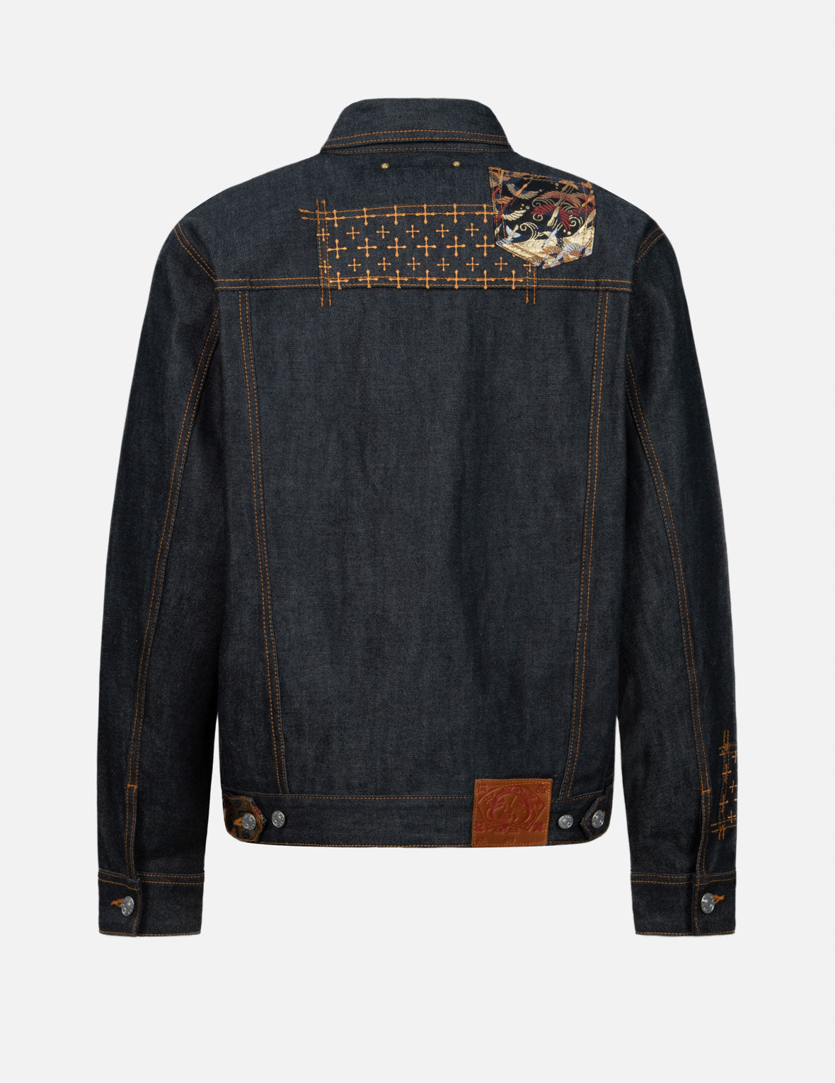 Seagull Embroidery and Brocade Pocket Relax Fit Denim Jacket