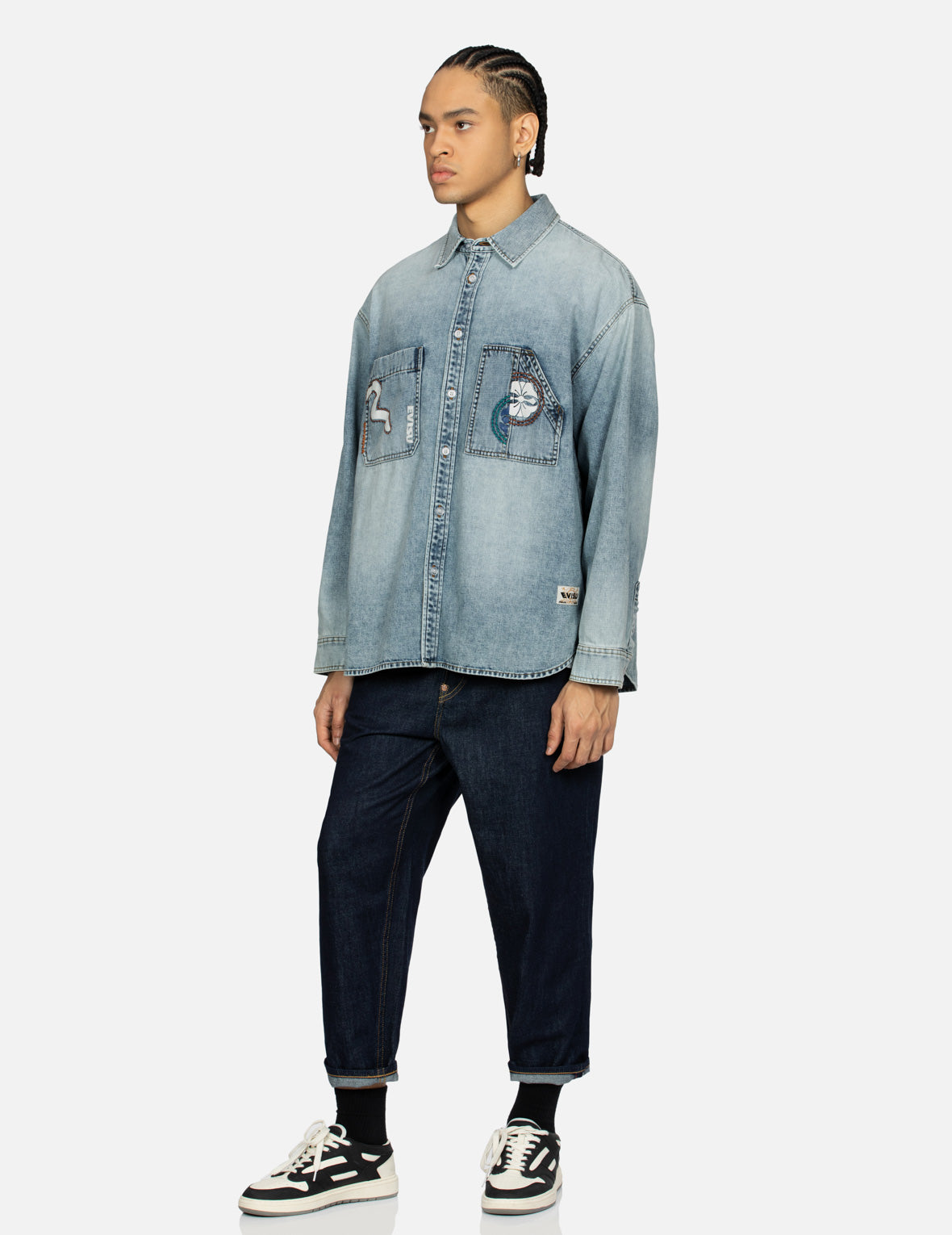 Hand-Stitched and Multi-Print Loose Fit Denim Shirt