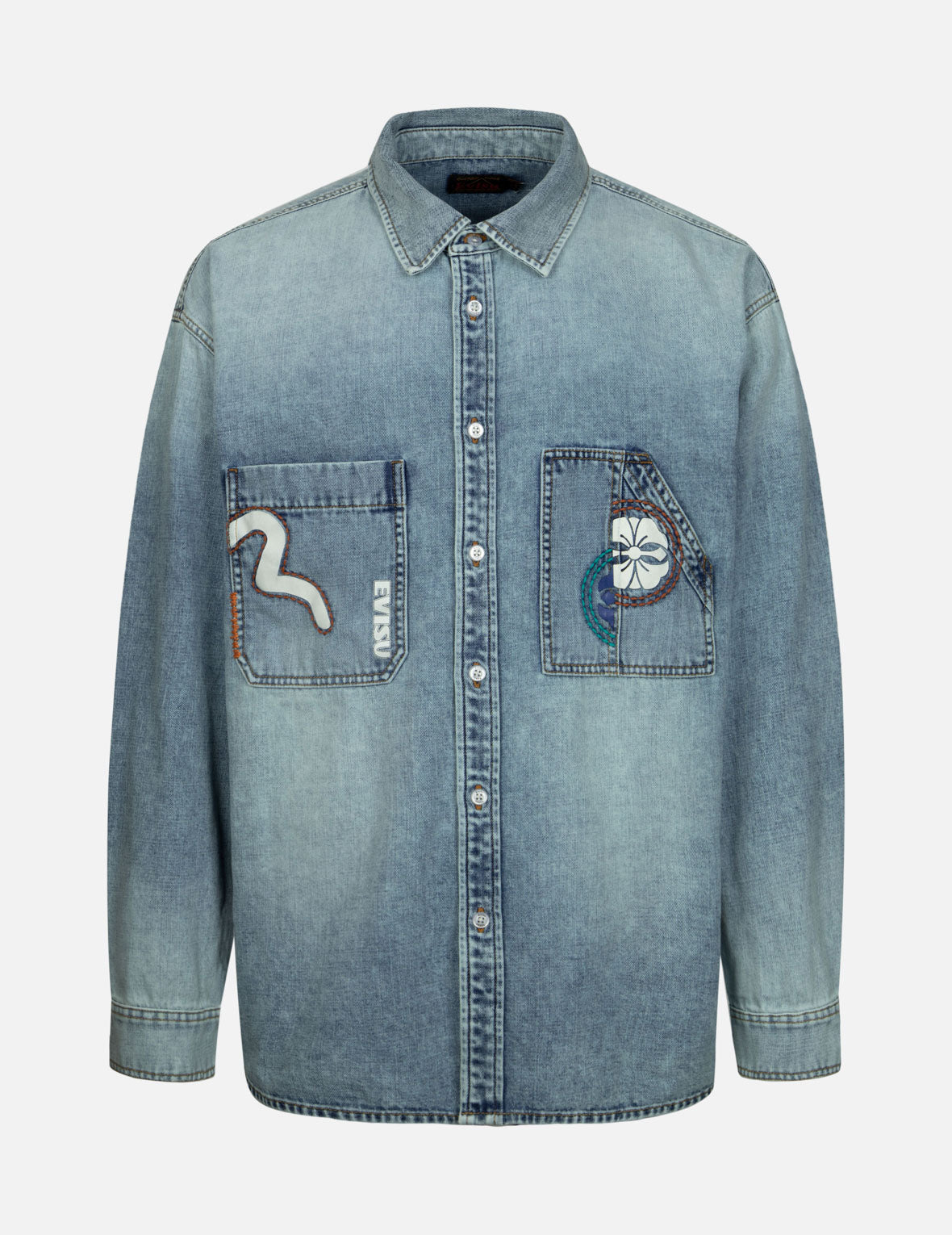 Hand-Stitched and Multi-Print Loose Fit Denim Shirt