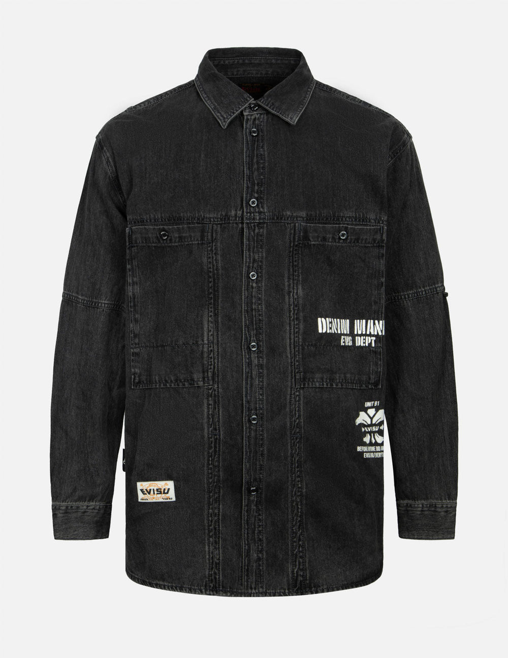 Kamon Print and Logo Embroidery Loose Fit Denim Shirt – EVISU