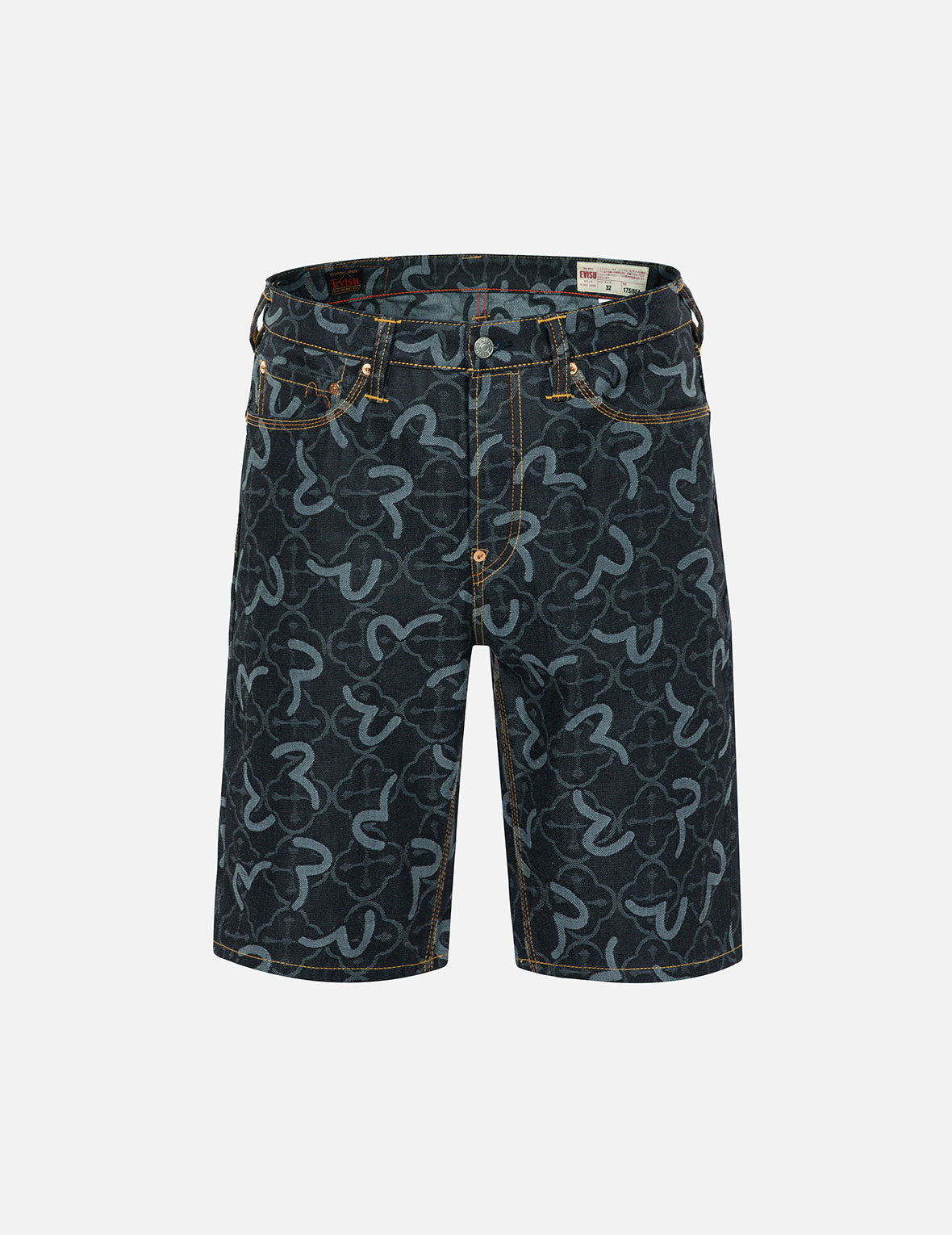Allover Seagull and Kamon Jacquard Regular Fit Denim Shorts
