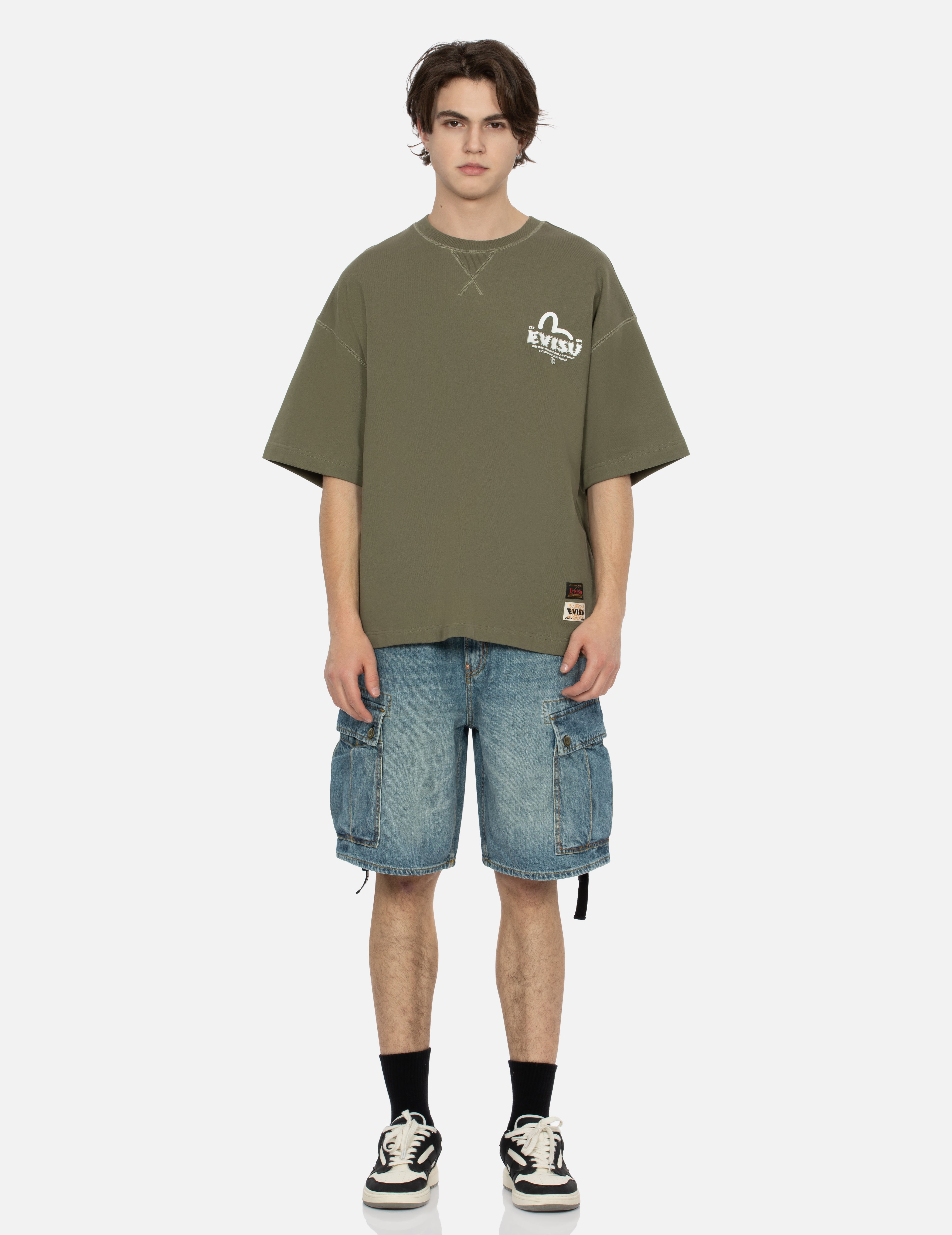Seagull Print Relax Fit Denim Shorts