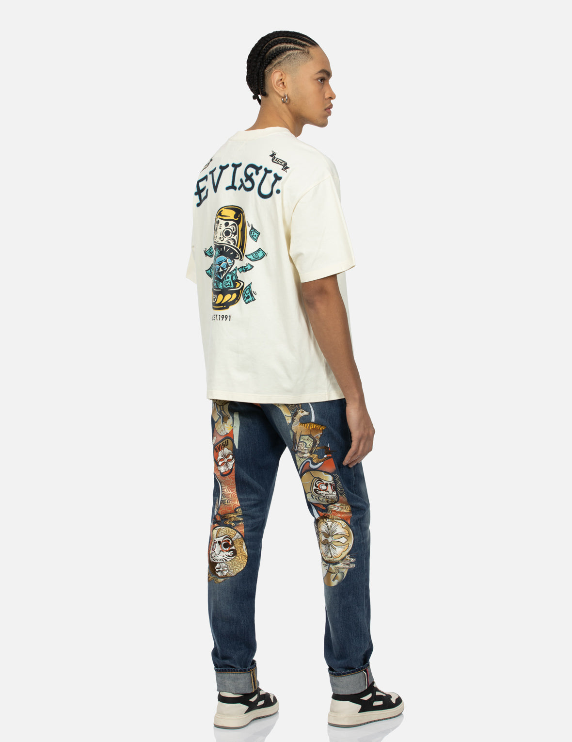 花札达摩大M及刺绣窄脚牛仔裤 #2017