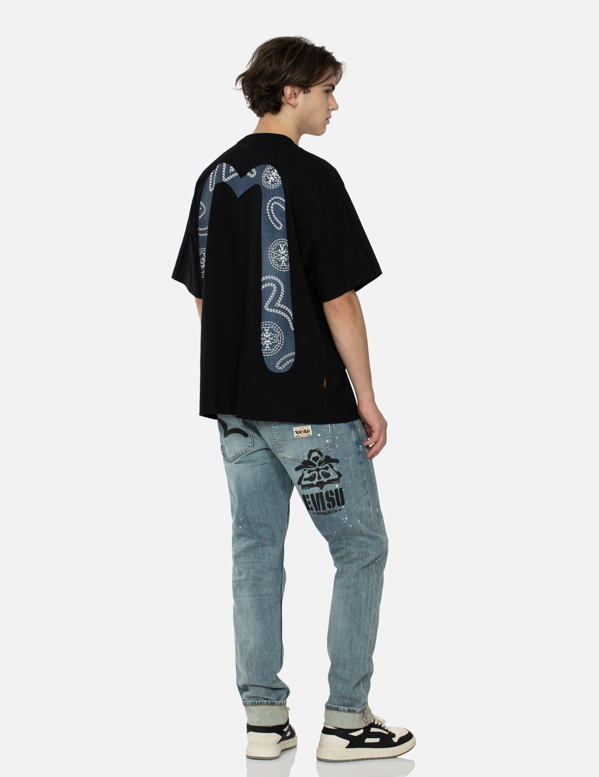 Washed Multiple Distressed Print with Splatter Marks Taper Fit Jeans #2017