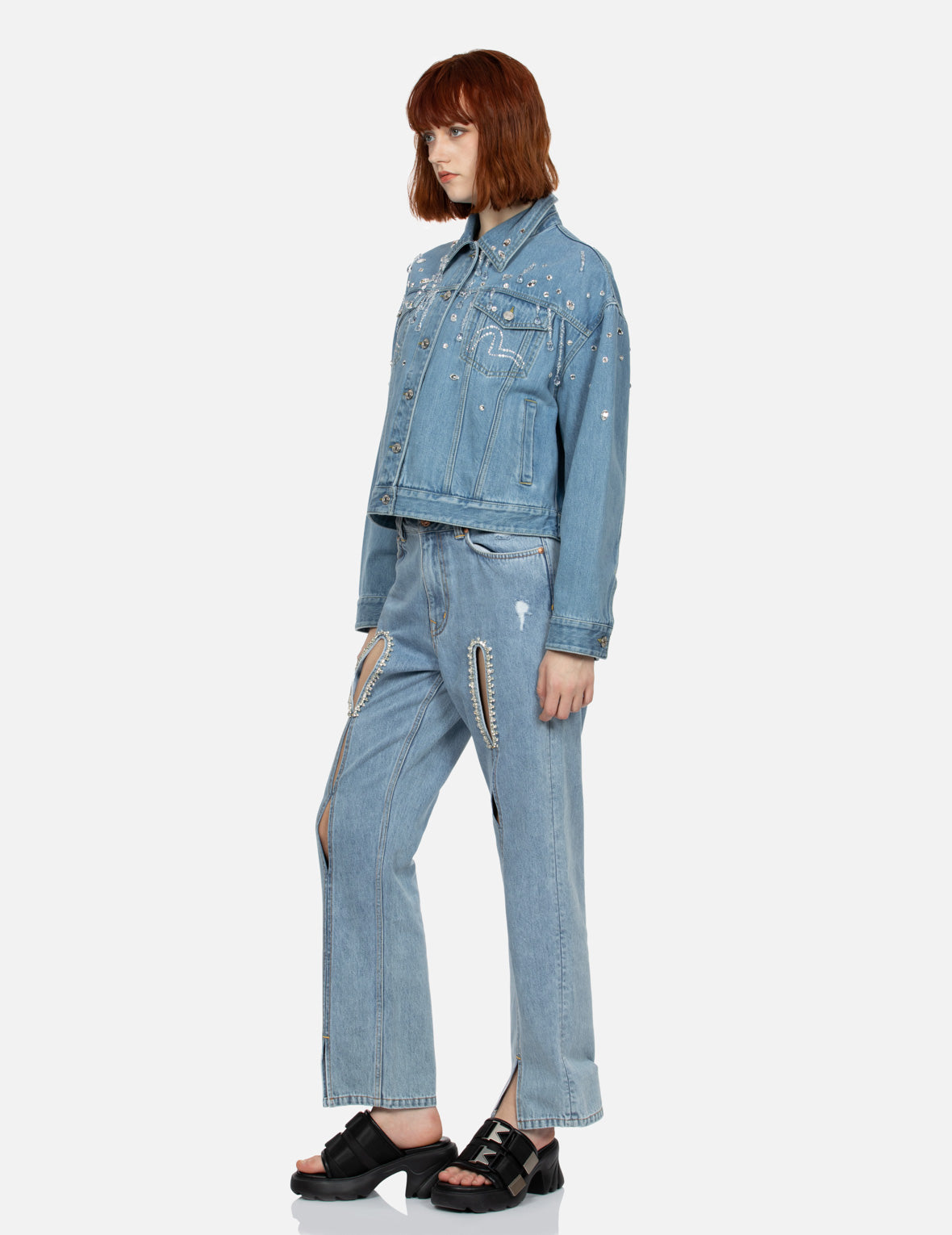 Crystal Embellished and Seagull Hollow-out Fashion Fit Denim Jeans